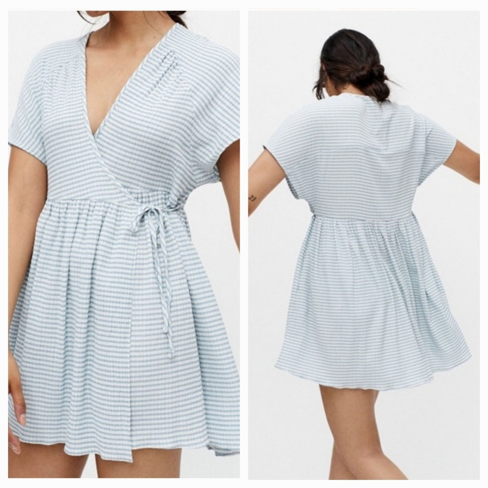 URBAN OUTFITTERS Alice baby blue striped short sleeve gauzy mini wrap dress
